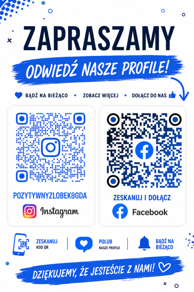 Grafika zachęcająca do odwiedzenia profili Pozytywnego Żłobka na Instagramie i Facebooku. Zawiera  hasło: „Zapraszamy – odwiedź nasze profile!